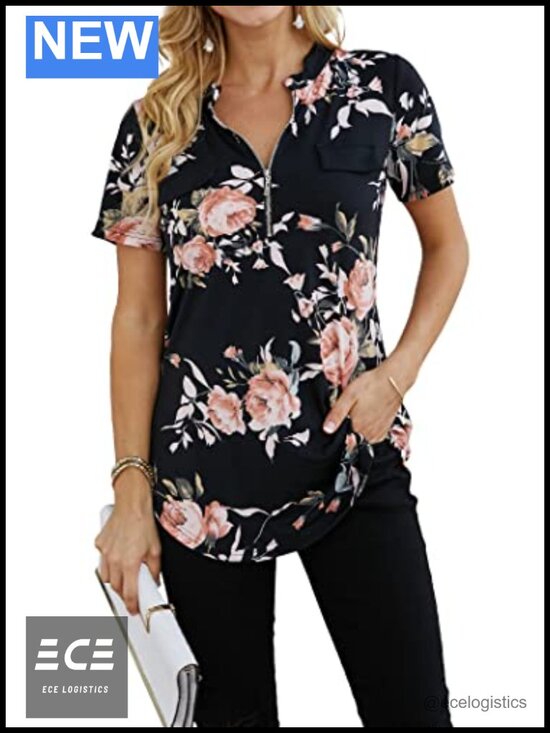 Tops - Womens Floral Tunic Blouse Short Sleeve Zip V-Neck Casual Top Workwear